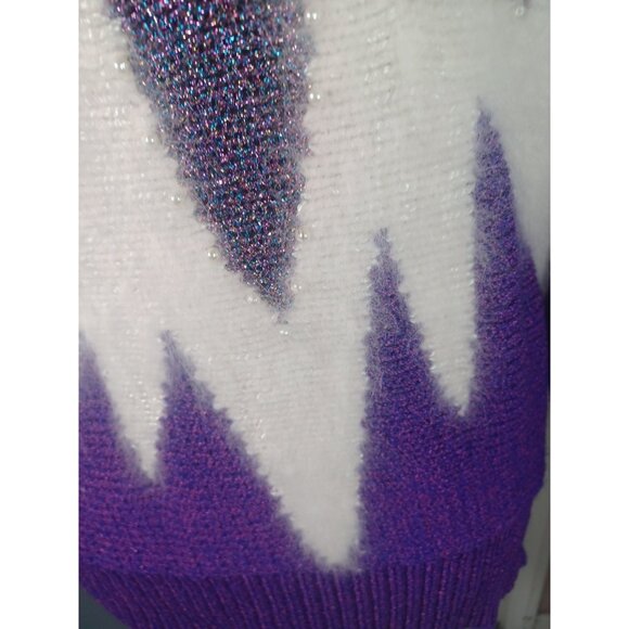Vintage 80s Hollywood Luxury Purple Metallic White Angora Pearls Sweater M - Picture 6 of 16